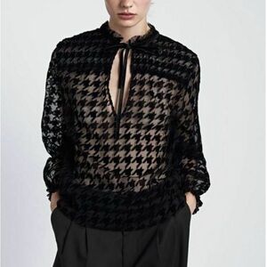 Zara Black Velvet Houndstooth Sheer Blouse, size Small